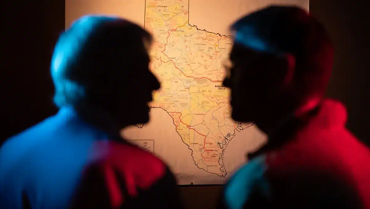 Two anonymous silhouettes facing each other across a map of Texas, one in cool blue light, one in warm red light, divided down the center, sharp contrast suggesting political divide | Texas Senate race candidates