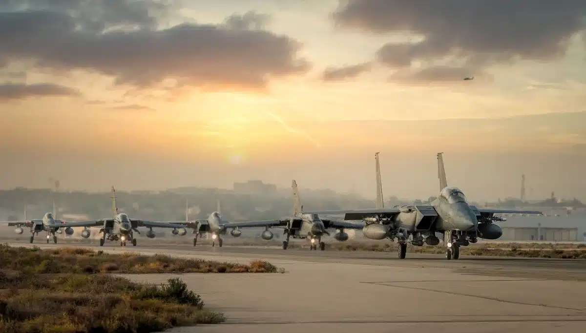 Airport tarmac with multiple aircraft parked at a military base, morning light casting long shadows, ground crew visible in the distance, secure perimeter fencing prominent.