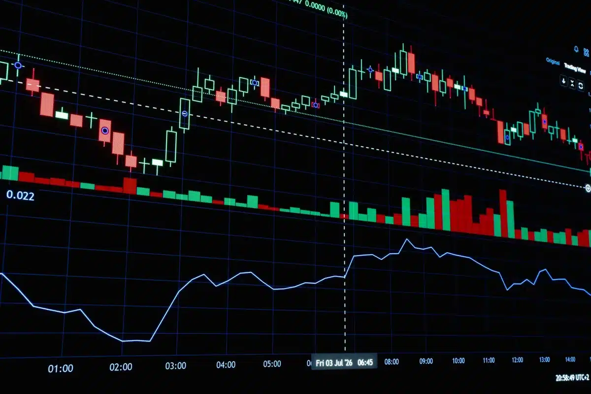 A dimly lit polling chart or approval rating graph on a dark screen, showing a downward trajectory line, with abstract financial data visualizations in soft focus in the background.