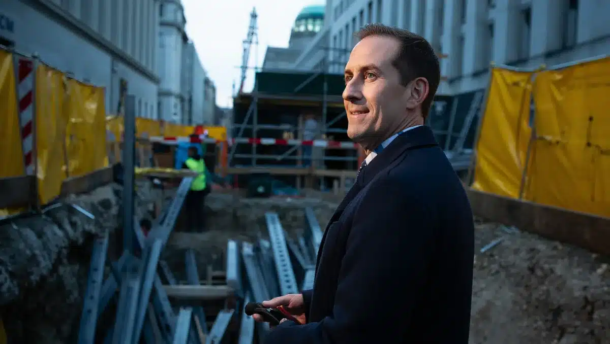 Steel beams and construction scaffolding rising from an excavated site surrounded by temporary barriers, with classical government architecture visible in the background, urgency.