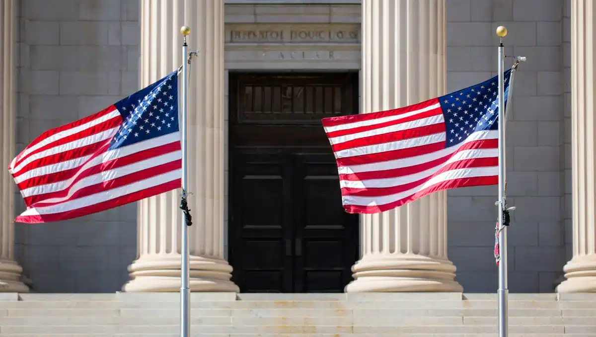 A federal courthouse with American flags, symbolic of constitutional law and judicial proceedings | courthouse immigration policy
