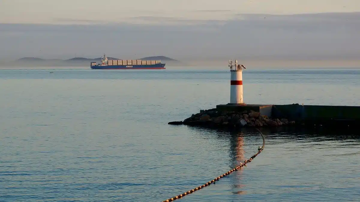 A cargo ship navigating a narrow waterway at dawn, container stacks visible on deck, turquoise water stretching toward distant hills, international maritime traffic in the background.