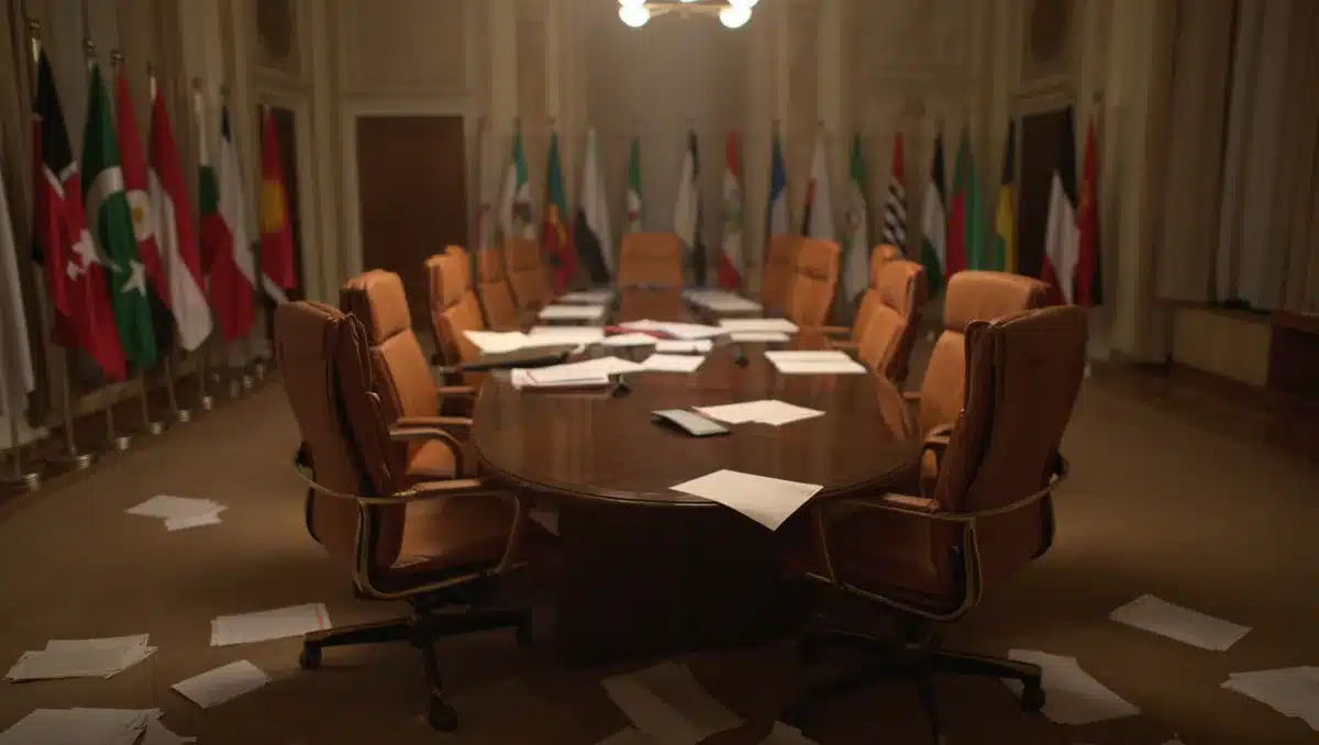 Diplomatic negotiation chambers in a Gulf state, multiple flags displayed, empty chairs arranged around a conference table, soft lighting casting shadows, papers and documents scattered—anticipation