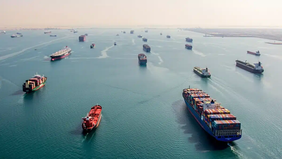 Aerial view of the Strait of Hormuz with container ships anchored or moving slowly through narrow passages, tanker vessels visible, blue-green water, clear sky—bottleneck