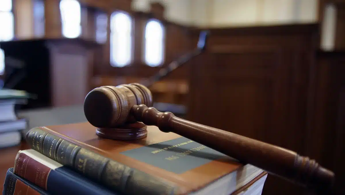 A gavel resting on law books in a dim courtroom | Supreme Court chamber