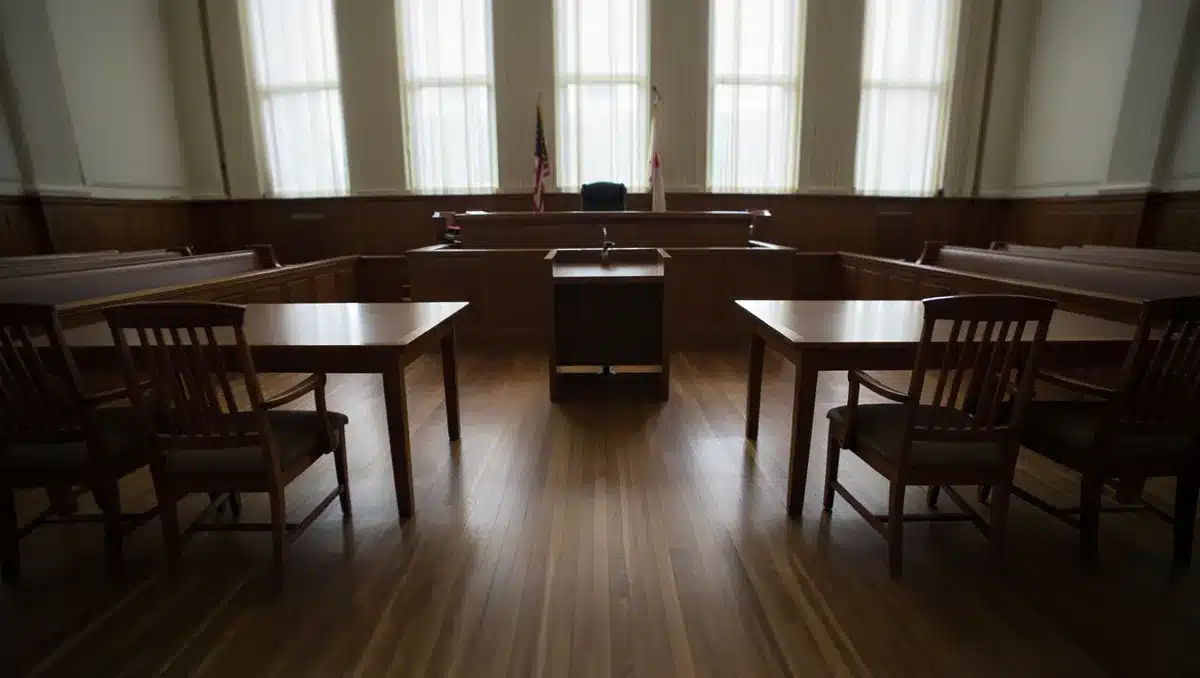 Federal courtroom with empty judge's bench and wooden tables, soft overhead lighting casting long shadows across the chamber, a gavel resting on the bench — tension.