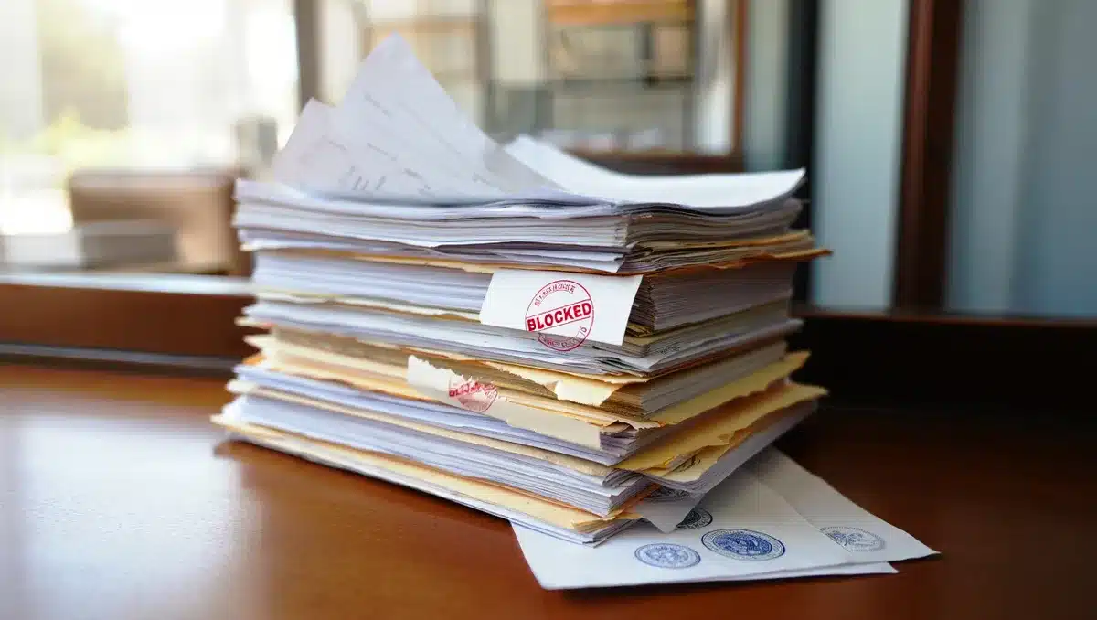 Stack of official government documents with official seals, one marked with a red "BLOCKED" stamp, papers slightly scattered, natural light from a window — urgency.