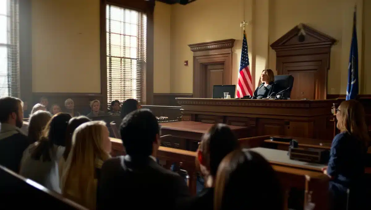 Federal courtroom interior with judge's bench and American flag | court ruling hearing