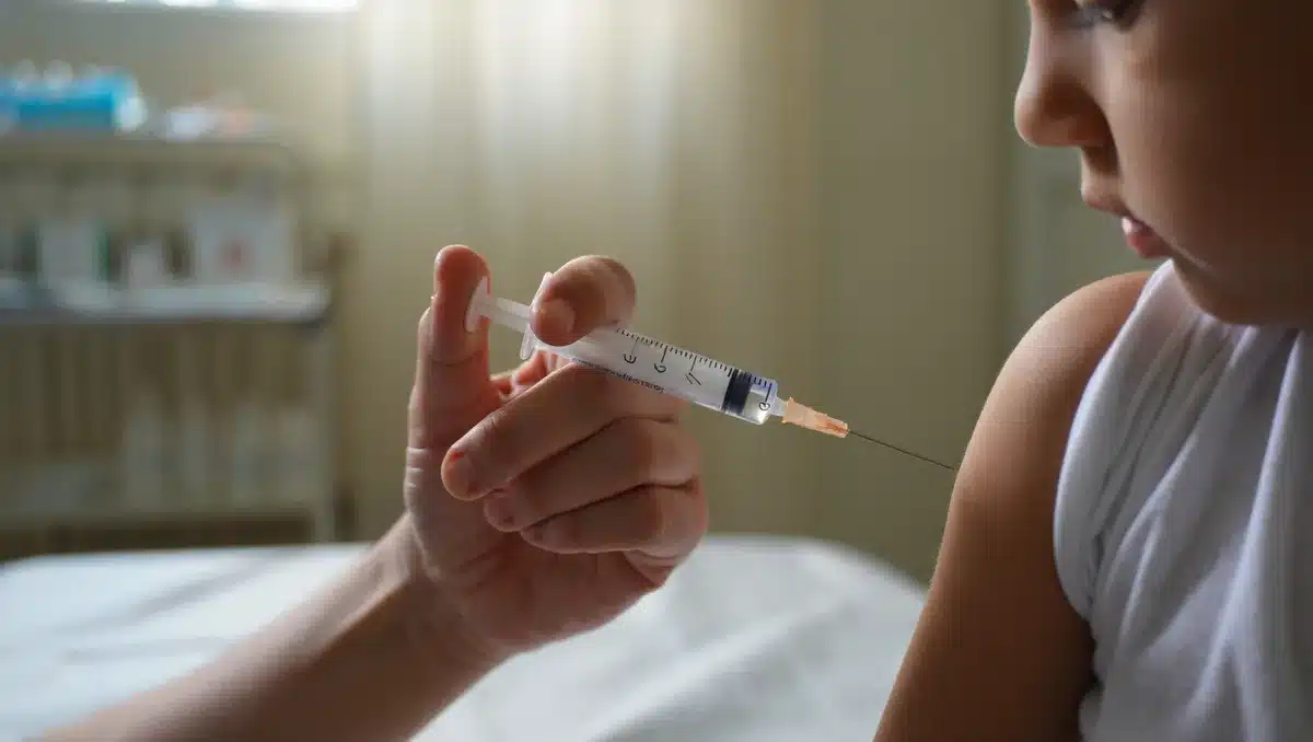 A vaccine needle poised above a child's arm in a clinical setting, sterile medical environment with soft lighting, clinical precision and care evident in the composition, tension.