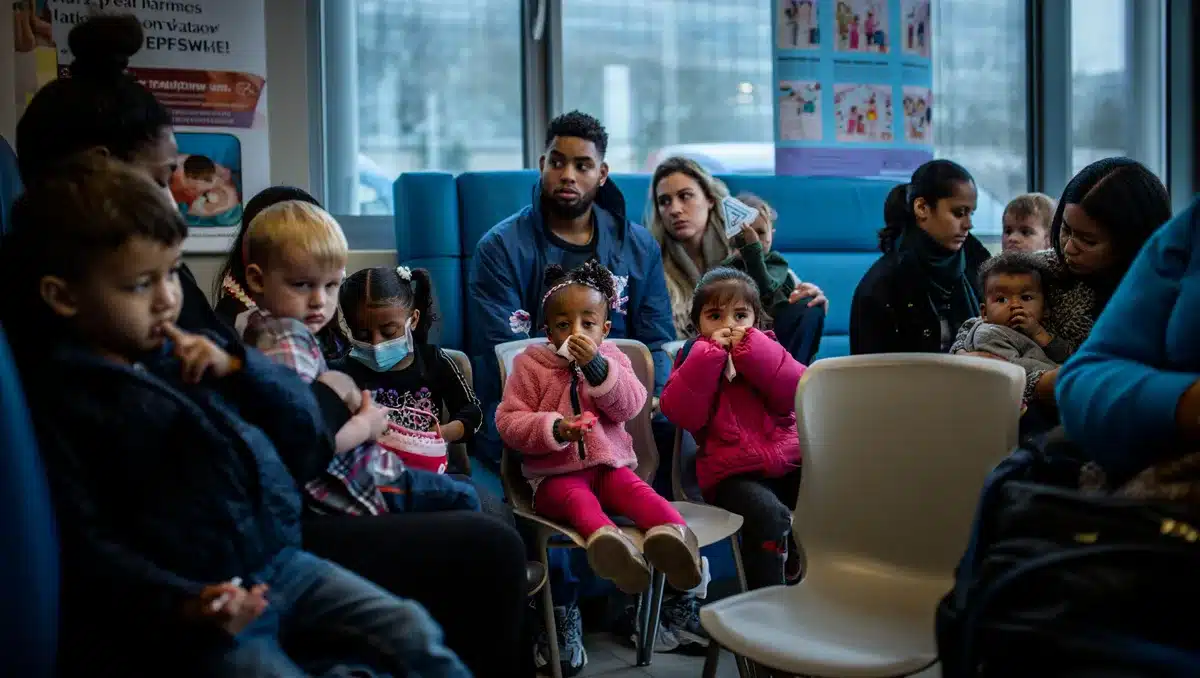 A crowded pediatrician's waiting room with parents and children, some children showing signs of illness, clinical setting with posters about vaccination, ambient concern and vulnerability visible in the scene, urgency.