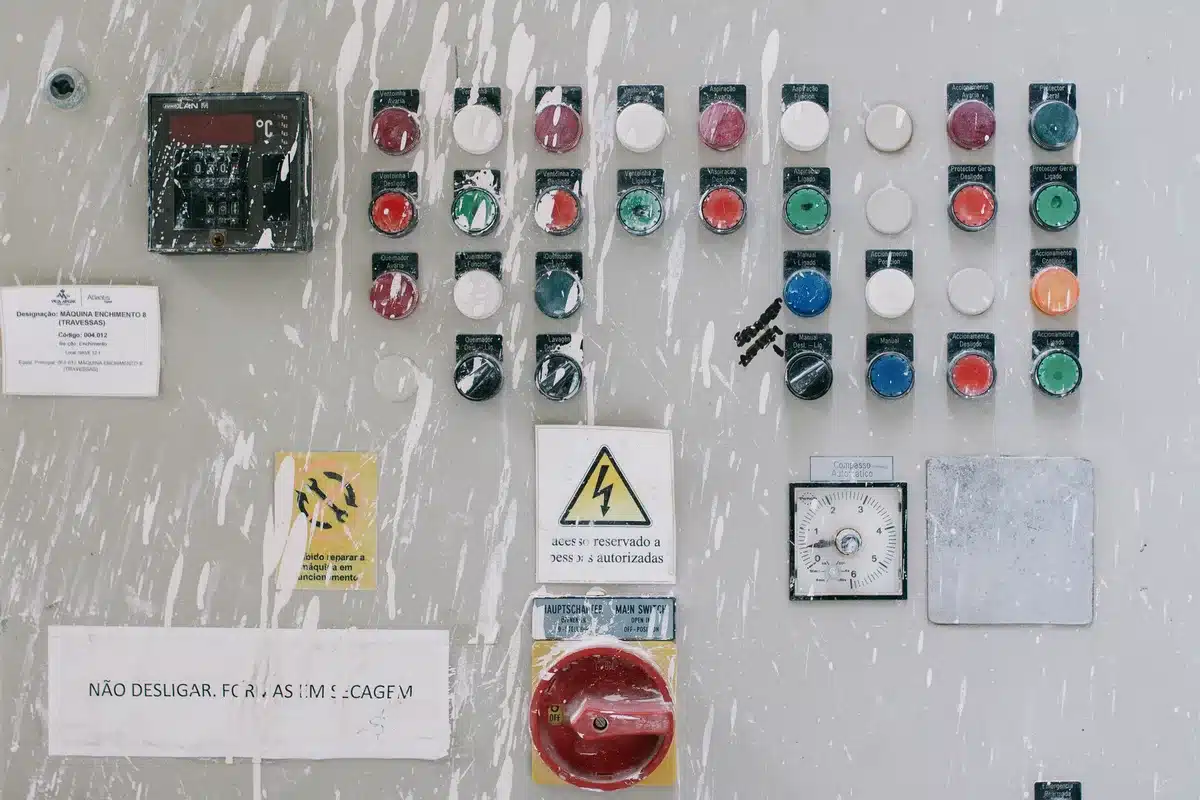 An energy sector control room with operators monitoring grid systems on multiple screens, displaying real-time power distribution data and system status indicators.