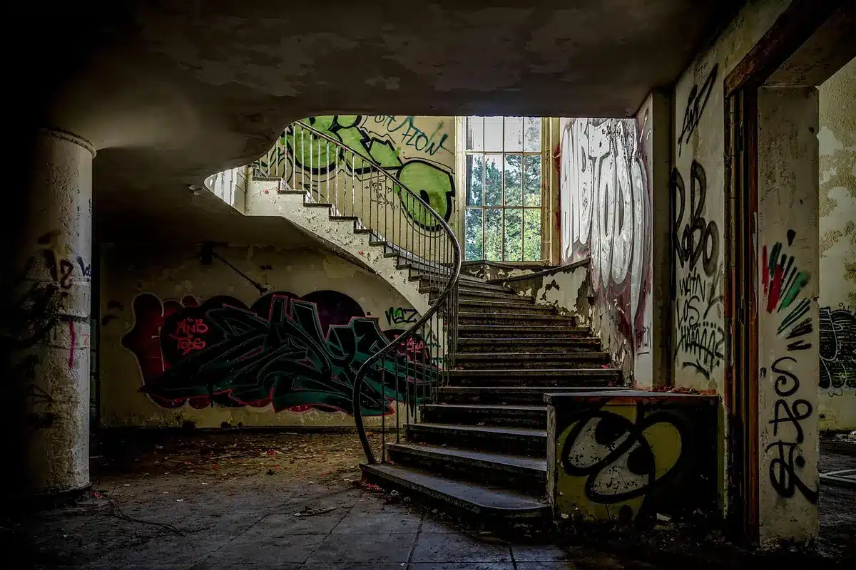 A vast, abandoned oil pumping station with rusted equipment and cracked concrete, surrounded by overgrown vegetation and sparse industrial infrastructure, suggesting years of neglect