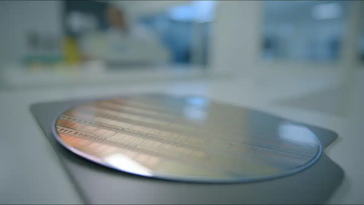 A sleek semiconductor wafer under soft laboratory lighting, showcasing intricate circuit patterns and layers, with bokeh of clean-room equipment in the background | semiconductor manufacturing wafer
