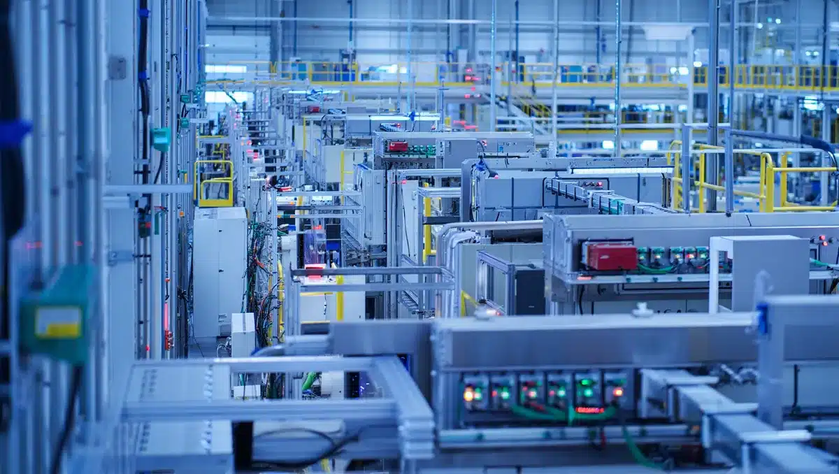 A modern semiconductor fabrication facility interior with rows of advanced manufacturing equipment under blue-tinted overhead lighting, showing the scale of production infrastructure | semiconductor fab manufacturing facility