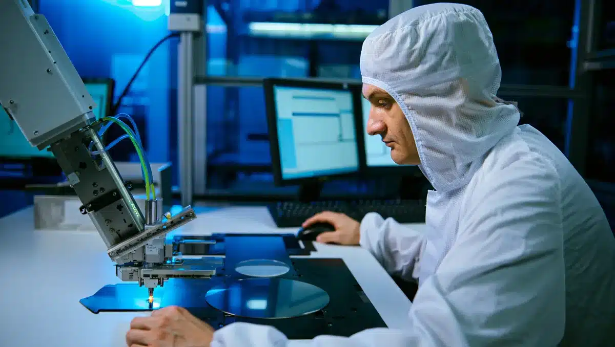 Wafer production clean room with robotic equipment and blue lighting, precision semiconductor manufacturing environment | chip fabrication cleanroom