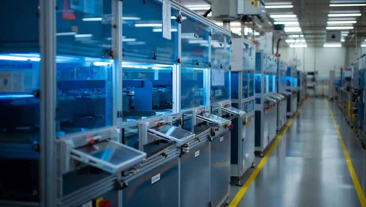 Advanced semiconductor fabrication facility interior with blue-lit production equipment and wafer handling systems, rows of precision machinery under overhead lighting | semiconductor manufacturing facility