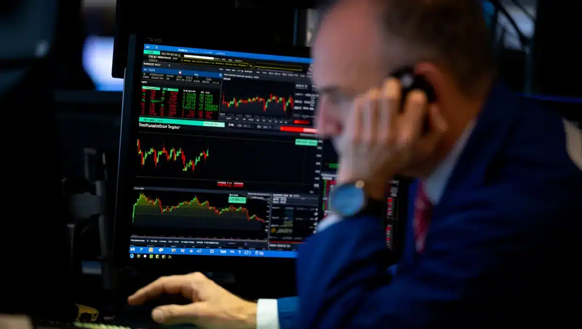 Stock market trading screen displaying semiconductor sector indices and price charts in real-time, with glowing green and red candlestick data | stock market trading screen