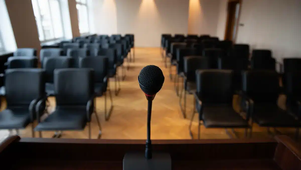 Empty corporate conference room with a single microphone on a podium facing rows of vacant chairs, single spotlight illuminating the microphone, shadow stretching across the floor, anticipation | earnings call conference room