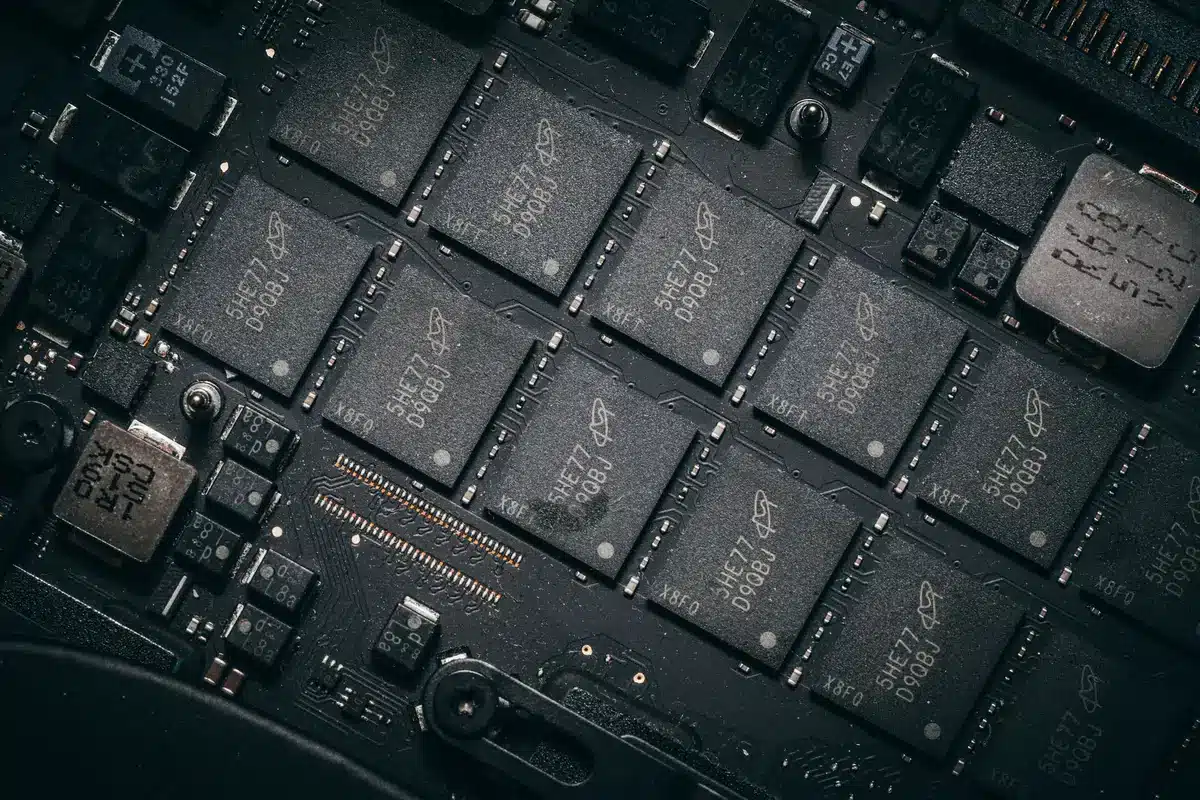 Technical blueprint or circuit board design representing advanced AI chip development for autonomous systems, with glowing data nodes and interconnected pathways symbolizing the collaborative technology transfer between nations.
