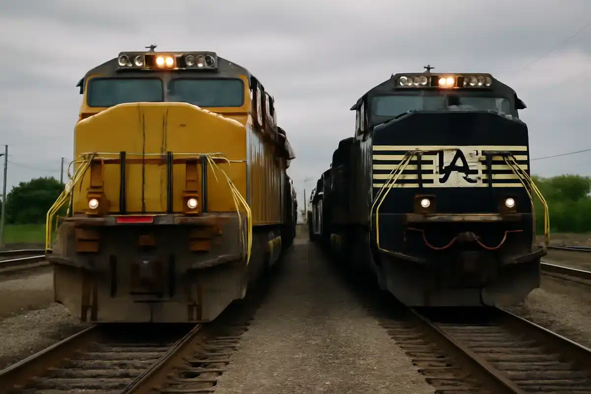 Union Pacific and Norfolk Southern locomotives side by side on parallel tracks | railroad locomotives