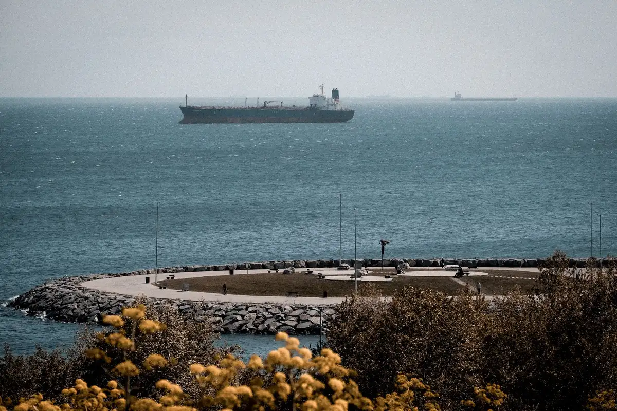 Container ships in Strait of Hormuz, reduced traffic, calm waters under clear sky, commercial vessels stationary or moving slowly