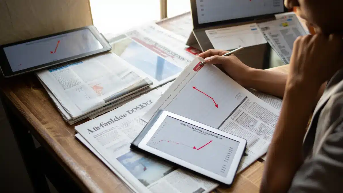Newspaper layouts and digital screens showing audience engagement metrics, with graphs trending downward representing declining search traffic | newspaper analytics decline