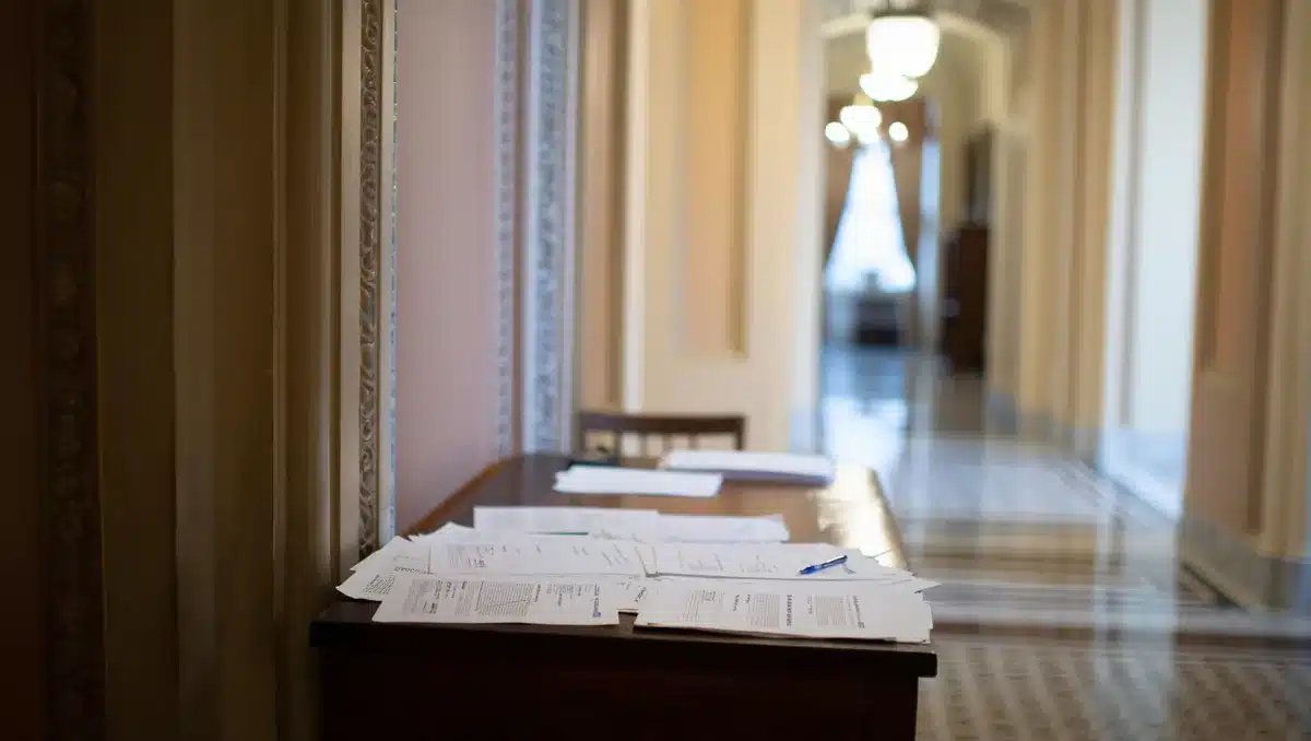 A Capitol building hallway with voting-related legislation papers on a desk | federal election legislation debate