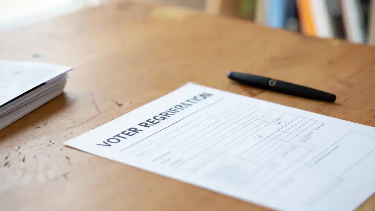 A voter registration form with a pen on a desk, documents stacked nearby | voter registration documentation requirements