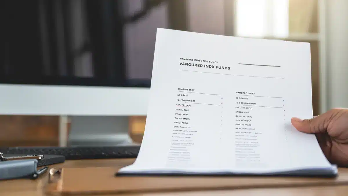 Document showing list of 13 Vanguard index funds with old and new names side by side, professional business setting | fund name change document