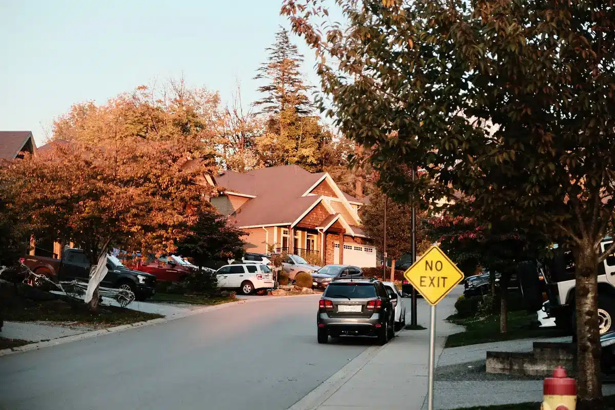 Campaign posters and political signage on a residential street, showing diverse neighborhood engagement with election messaging