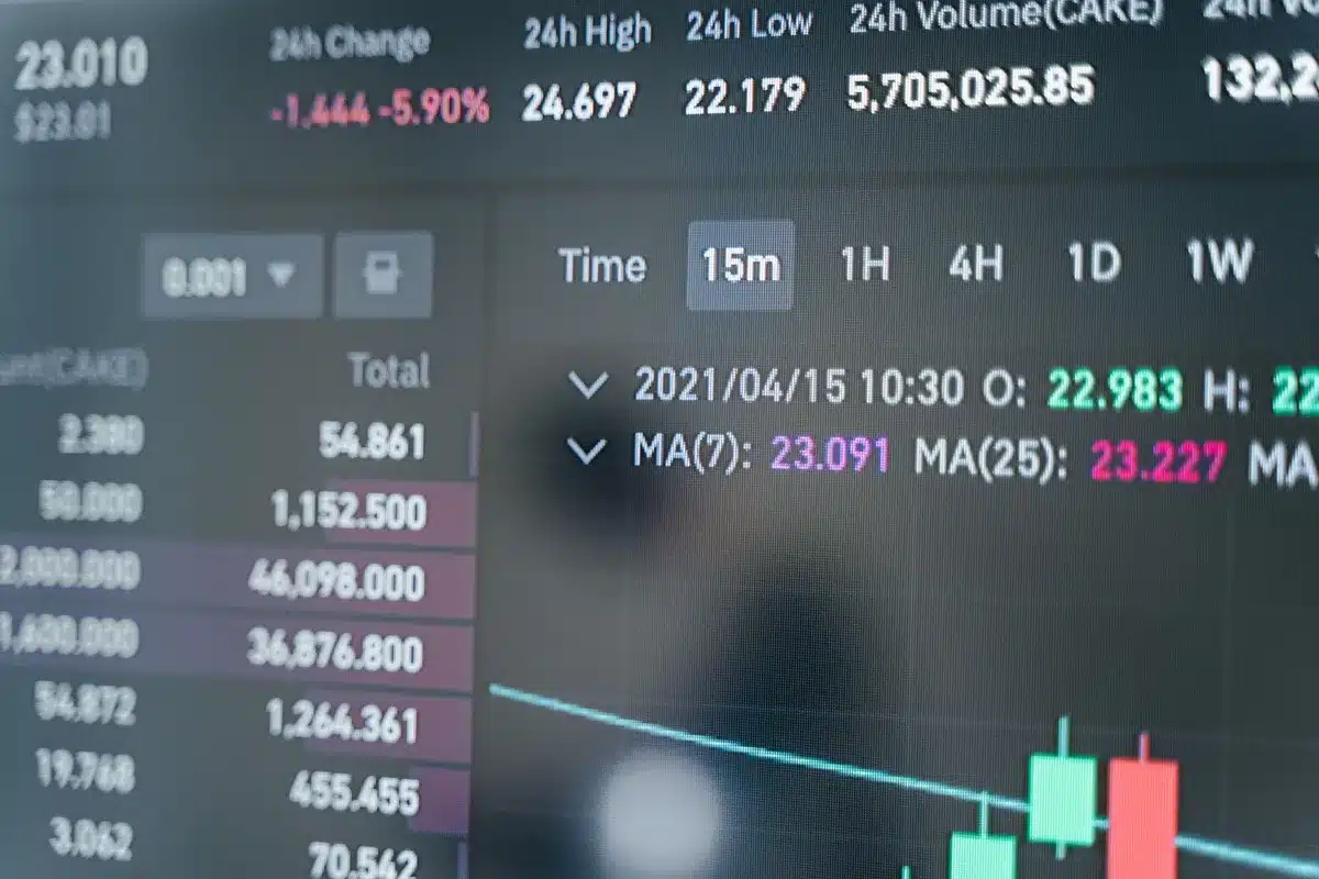 Glowing stock ticker display showing rising numbers in green, candlestick charts climbing upward on a dark trading floor screen, financial data streaming past in real-time