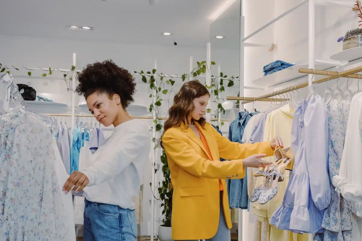 Retail store interior with digital displays and checkout lanes