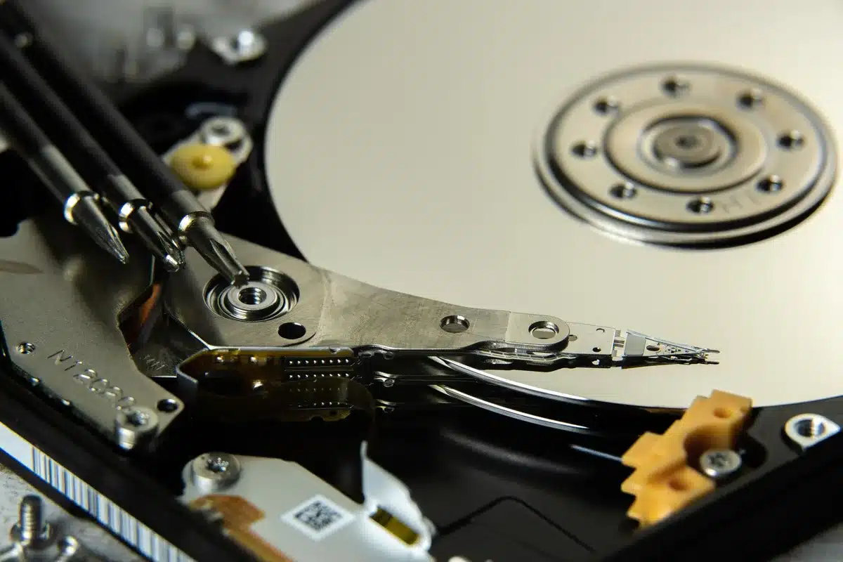 Hard drive components in a data center environment with blue server lights