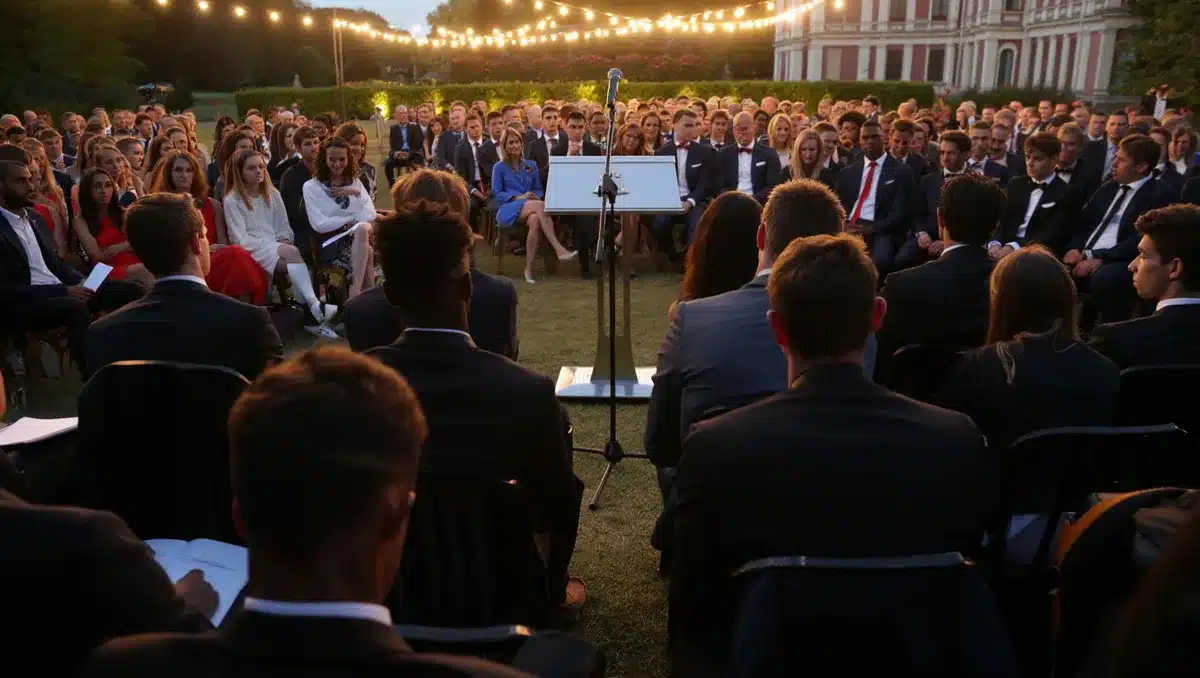 A formal evening reception in an outdoor garden setting with elegant lighting, rows of seated athletes and officials in formal attire, a podium with microphone, and the neoclassical architecture of a historic building visible in the background, capturing the ceremonial atmosphere of a state honor.