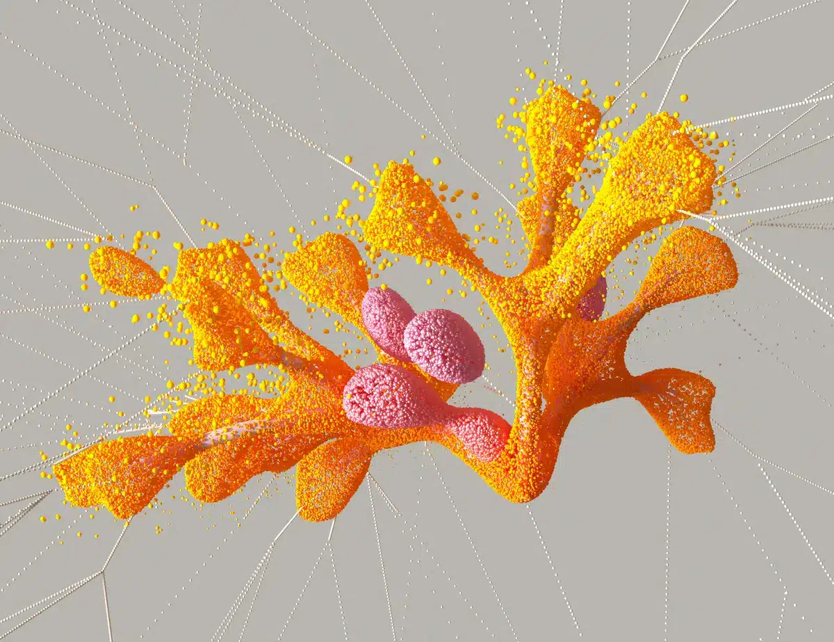 Abstract visualization of interconnected data nodes and digital networks in blue tones, suggesting AI and machine learning processes, with glowing pathways between nodes