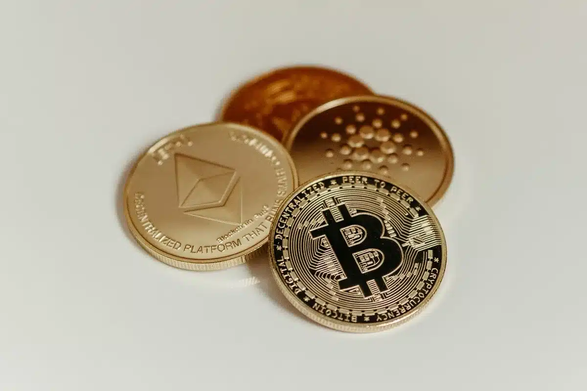 A sleek modern office space with financial terminals displaying cryptocurrency price charts and stablecoin data on multiple screens, with architectural details suggesting a fintech headquarters environment
