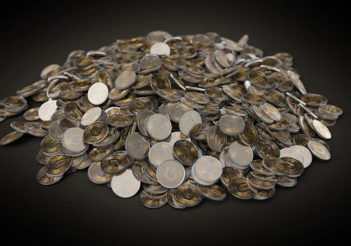 A minimalist view of stacked cryptocurrency coins and digital tokens arranged on a reflective surface, with soft backlighting creating depth, symbolizing the growth and value of USD1 stablecoin
