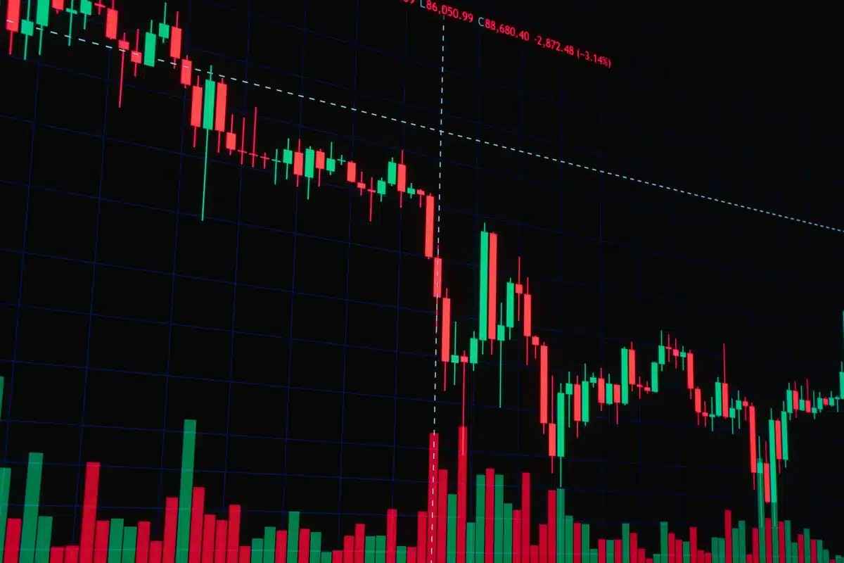 A split-screen comparison showing a downward trending red candlestick chart on the left fading into an upward green candlestick chart on the right, with a sharp transition point in the middle, symbolizing market reversal and recovery