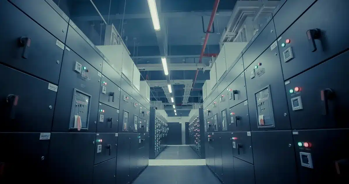 A cloud computing data center with rows of glowing server racks under blue-tinted lighting, highlighting the infrastructure behind AWS's rapid expansion and profitability.