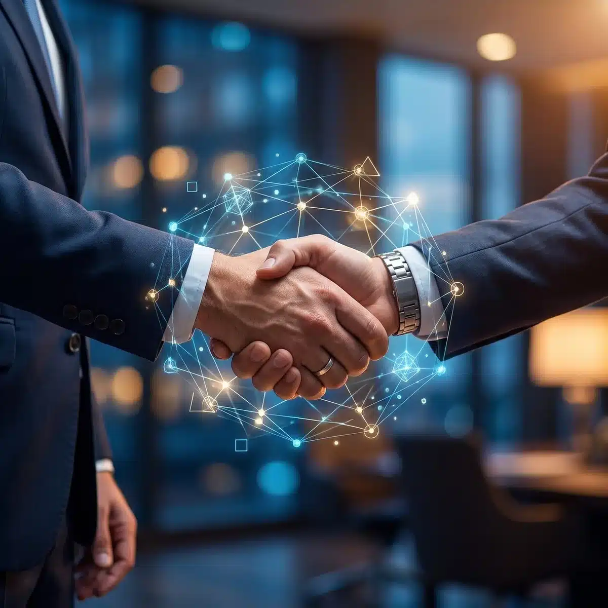 A handshake between two business professionals in a modern conference room with large windows overlooking a city, symbolic of a major corporate partnership and deal completion