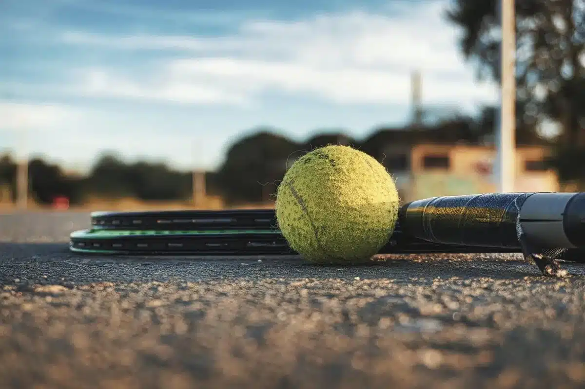 A spotlight-lit podium on an indoor tennis court, a single microphone, empty stands in shadow, the court pristine and ready for evening events, a sense of anticipation before the benefit reception begins.