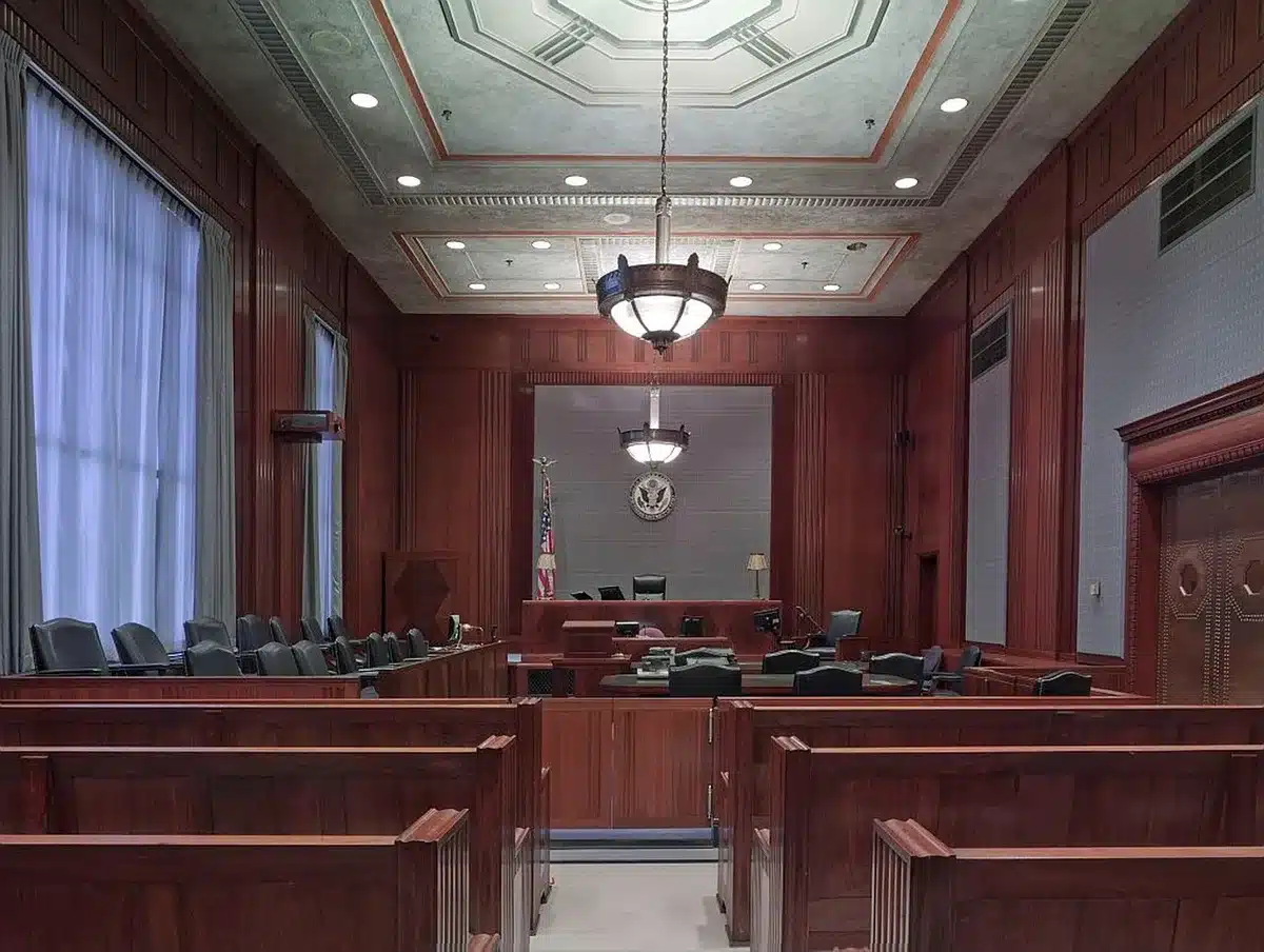 A federal courtroom with empty judge's bench and legal documents on a wooden table, soft morning light through tall windows, suggesting the conclusion of a major case