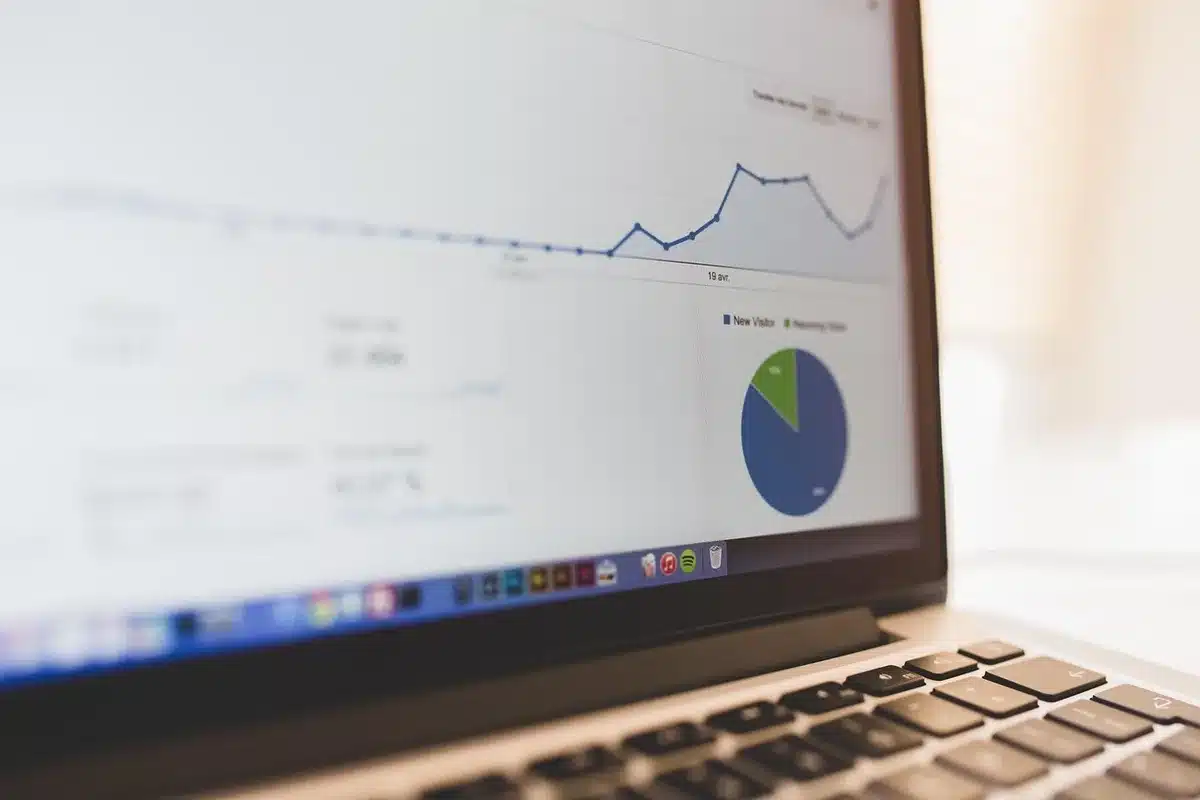 Anonymous hands on a laptop showing a candlestick chart with a clear upward gap, a coffee cup at the side, no brand visible