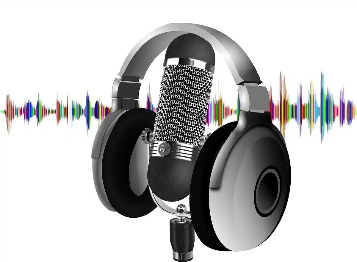An empty, unbranded podcast studio with a single microphone on a stand, two empty chairs facing each other, soft studio lighting, a small notepad beside the mic — curiosity: an unused guest seat labelled by a paper marker