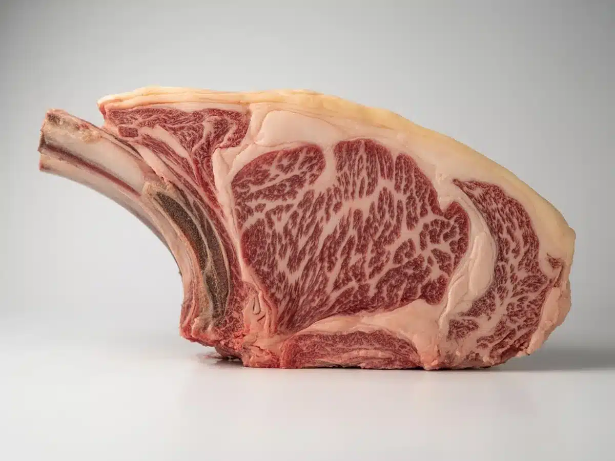 Close-up of beef cuts in a butcher's display case with price tags, selective focus on premium cuts, cool-toned lighting emphasizing the product, macro perspective.