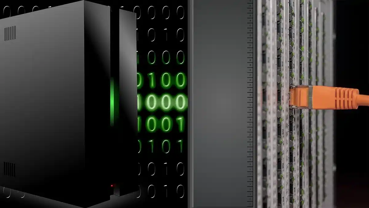 Computer server room with blinking lights and network cables, representing cybersecurity infrastructure protecting elections