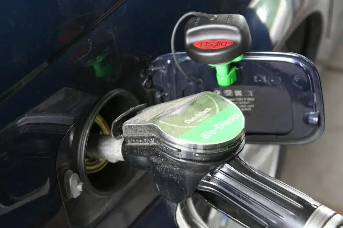 A gas pump display showing prices near four dollars per gallon, with blurred cars at adjacent pumps in soft afternoon light, conveying consumer impact and fuel uncertainty