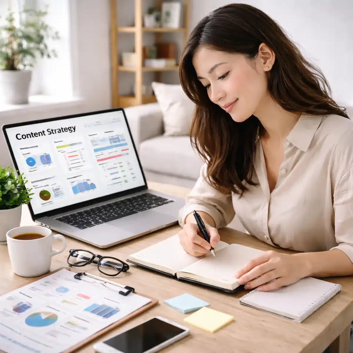 Brand marketing team reviewing AI-generated creator recommendations on a computer screen, multiple data visualizations and creator profiles visible, focused concentration