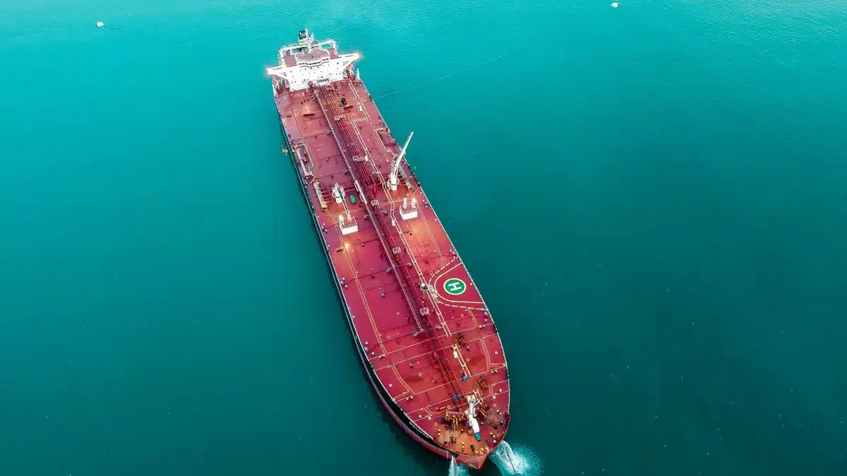 Empty oil tanker silhouette in hazy strait, distant anonymous patrol boats, low light and a tense horizon