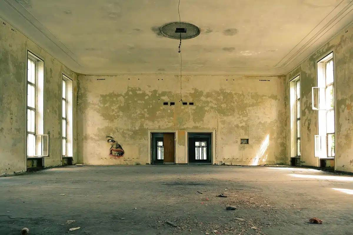 Empty royal anteroom with a single chair and a folded program on a small table, sunlight across the floor
